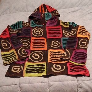 Patchwork Zipper Hoodie w-Unique Spiral Design Size S/M